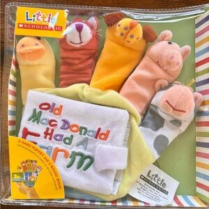 Little Scholastic “Old MacDonald Has a Farm” board book and hand puppet.